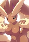 anthro biped black_sclera breasts brown_body brown_fur brown_tail featureless_breasts female fingers fur looking_at_viewer pink_eyes short_tail simple_background solo standing tail tan_body tan_fur tongue tongue_out white_background rumine nintendo pokemon generation_4_pokemon lopunny pokemon_(species) hi_res