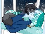 anthro bedding black_body black_fur black_hair blanket breasts clothed clothing female fur hair one_eye_closed pillow scar solo j3t canid canine fox mammal 2019