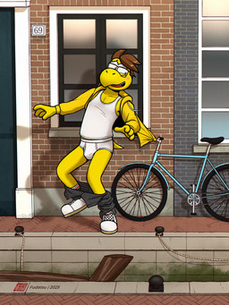 anthro bicycle black_bottomwear black_clothing black_pants black_text blush bottomwear bottomwear_down briefs clothed clothing clothing_caught door eyewear footwear glasses green_eyes jacket male number outside pants pants_down partially_clothed shirt shoes socks solo tank_top text tighty_whities topwear underwear vehicle white_briefs white_clothing white_footwear white_shirt white_shoes white_socks white_tank_top white_topwear white_underwear window yellow_body yellow_clothing yellow_jacket_(clothing) yellow_topwear fudatsu calvin_klein mario_bros nintendo fan_character koopa koopa_troopa reptile scalie turtle 3:4 hi_res signature