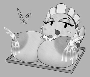 areola big_breasts bodily_fluids breasts clothing female half-closed_eyes holding_tray huge_breasts lactating looking_at_viewer maid_headdress maid_uniform milk narrowed_eyes nipples not_furry open_mouth solo tray uniform supermoonshroom mario_bros nintendo boo_(mario) ghost spirit hi_res monochrome