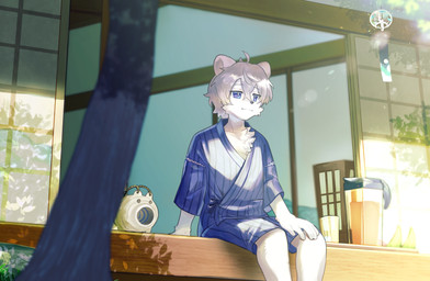 anthro asian_clothing biped blue_clothing blurred_foreground cheek_tuft chest_tuft clothed clothed_anthro clothed_male clothing container cup detailed_background door east_asian_clothing facial_tuft fur glass glass_container glass_cup hair half-closed_eyes hand_on_leg humanoid_hands japanese_clothing jar male male_anthro narrowed_eyes outside pattern_clothing sitting sliding_door solo striped_clothing stripes three-quarter_view tuft white_body white_fur wind_chime yukata tsukihi_aizawa koriyuki_kuma_(character) bear mammal 2025 digital_media_(artwork) hi_res