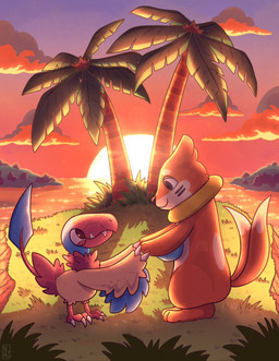 anthro beak duo eye_contact fur island looking_at_another male male/male orange_body orange_fur palm_tree plant romantic romantic_ambiance sunset tree alfakimera nintendo pokemon pokemon_mystery_dungeon spike_chunsoft aerial_explorer_archen marine_explorer_buizel archen avian buizel fossil_pokemon generation_4_pokemon generation_5_pokemon pokemon_(species) hi_res