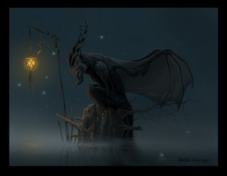 ambiguous_gender anthro bat_wings black_border border branch detailed_background fog glowing horn lake lamp lantern membrane_(anatomy) membranous_wings night nude outside sitting sitting_on_stump solo star tree_stump wings tina_leyk canid canine fox mammal 2006 signature