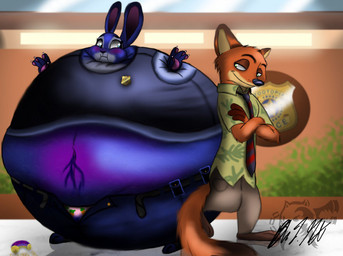 accessory anthro badge belly belly_expansion belt belt_pouch berry_juice beverage big_belly big_cheeks black_belt black_clothing black_eyebrows black_nose black_topwear black_vest blue_body blue_bottomwear blue_clothing blue_ears blue_eyes blue_necktie blue_pants blue_shirt blue_topwear blueberry_inflation blueberry_juice blush body_inflation bottomwear clothed clothing crossed_arms duo expansion exposed_panties eyebrows eyelashes female green_eyes huge_belly hyper hyper_belly hyper_inflation immobile inflation juice_(beverage) leaking_navel leaning_on_another looking_at_another male navel necktie open_bottomwear open_clothing open_pants orange_body orange_ears orange_tail panties pants pawpads pink_clothing pink_panties pink_underwear purple_inner_ear purple_nose purple_pawpads round_body shirt smile smiling_at_another spherical_inflation swollen_cheeks tail tan_bottomwear tan_clothing tan_inner_ear tan_pants tight_clothing topwear underwear vest mitsi1991 charlie_and_the_chocolate_factory disney zootopia judy_hopps nick_wilde canid canine european_rabbit fox lagomorph leporid mammal oryctolagus rabbit red_fox true_fox 2016 colored digital_media_(artwork) shaded