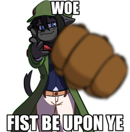anthro black_hair blue_eyes bow_tie clothing coat female hair prosthetic prosthetic_arm prosthetic_limb solo text topwear hitsuji blueblood_arena woe_plague_be_upon_ye penny_(blueblood_arena) domestic_cat felid feline felis mammal hi_res impact_(font)