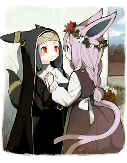 animal_ears blush clothed clothed_female clothed_humanoid clothing dress duo eye_contact female female/female fully_clothed fully_clothed_female fully_clothed_humanoid hair hand_holding light_body light_skin looking_at_another nun purple_hair red_eyes tail sakutake nintendo pokemon eeveelution espeon generation_2_pokemon humanoid pokemon_(species) pokemon_humanoid umbreon absurd_res hi_res