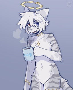 4_fingers anthro arm_markings beverage blue_eyes chest_markings coffee coffee_cup container cup dipstick_ears ear_markings fangs fingers fur golden_markings hair halo heterochromia holding_container holding_cup holding_object leg_markings male markings multicolored_body multicolored_ears multicolored_fur multicolored_tail neck_markings pink_tongue red_eyes small_fangs solo tail tail_markings teeth thigh_markings tongue white_body white_ear_tips white_fur white_hair fleurfurr azrael_(wulfypaws) ambiguous_species 2025 hi_res