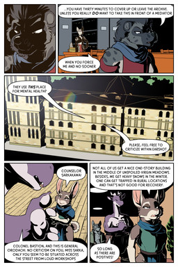 ambiguous_gender anthro belt book bookshelf building chair clothed clothing dialogue female floor furniture group lens_flare library male plant plant_pot potted_plant table teeth text tongue topless wood wood_floor rick_griffin mythology bastion_(rick_griffin) ideka orodachi sarkakawai toka_(rick_griffin) canid canine canis dragon hyena mammal mouse murid murine mythological_creature mythological_scalie rodent scalie wolf 2024 2:3 comic english_text hi_res