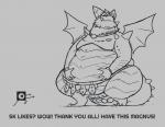 anthro belly big_belly hand_on_belly horn licking licking_lips licking_own_lips looking_at_viewer male moobs overweight overweight_anthro overweight_male self_lick solo spikes tail text tongue tongue_out wings vantablackbox activision mythology spyro_reignited_trilogy spyro_the_dragon magnus_(spyro) rescued_dragons_(spyro) dragon mythological_creature mythological_scalie scalie 2018 english_text hi_res monochrome