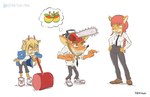 anthro blonde_hair chainsaw clothing cosplay crossover_cosplay dress_shirt female food footwear fruit fur group hair hammer jacket male necktie orange_body orange_fur pink_hair plant power_tool shirt shoes slacks sneakers tools topwear trio wumpa_fruit rriesgo activision chainsaw_man crash_bandicoot_(series) coco_bandicoot crash_bandicoot denji_(chainsaw_man) makima_(chainsaw_man) power_(chainsaw_man) tawna_bandicoot bandicoot demon mammal marsupial crossover