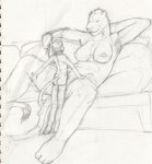 anthro breasts butt duo extreme_size_difference feet female genitals hand_behind_head macro male male/female micro_dom nipples nude pussy queen royalty servant size_difference small_dom_big_sub smile tail vaginal jeri_kleinlowe felid feline mammal graphite_(artwork) traditional_media_(artwork)