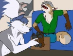 4_toes abs anthro biceps black_nose blue_hair bound brown_body brown_fur clothed clothing duo eyes_closed feet fur grey_body grey_fur grey_hair hair hindpaw laugh male open_mouth pawpads paws restraints smile soles stocks tail teeth tickling toes tongue topless white_body white_fur lionsilverwolf jayzen loki_roland canid canine mammal 2013