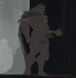 abs anthro balls big_balls big_penis cape cape_only clothing erection fangs foreskin genitals humanoid_genitalia humanoid_penis looking_at_viewer male male_anthro mostly_nude muscular muscular_anthro muscular_male navel nipples open_mouth pecs penis retracted_foreskin scar solo standing teeth vein veiny_penis seyrmo elden_ring fromsoftware blaidd_(elden_ring) canid canine canis mammal wolf hi_res