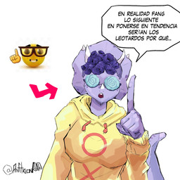 anthro big_breasts big_glasses biped breasts clothed clothed_anthro clothed_female clothing dialogue emoji eyewear facial_horn female fingers freckled_face freckles frill_(anatomy) front_view gesture glasses hair hand_gesture hoodie horn humanoid_hands markings non-mammal_breasts open_mouth pointing pointing_up purple_body purple_hair round_glasses short_hair simple_background solo speech_bubble spiral_glasses spots spotted_markings striped_markings stripes tail talking_to_viewer text topwear white_background yellow_clothing yellow_hoodie yellow_topwear anfitrionaaa goodbye_volcano_high ko_op_(game_developer) nerd_emoji_(meme) trish_(gvh) ceratopsian ceratopsid chasmosaurine dinosaur marginocephalian ornithischian prehistoric_species reptile scalie triceratops 1:1 2025 absurd_res colored half-length_portrait hi_res portrait shaded spanish_text translated