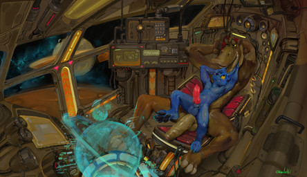 animal_genitalia animal_penis anthro balls black_pawpads blue_balls blue_body blue_fur blue_sheath brown_body canine_genitalia canine_penis duo electronics erection eye_contact fur genitals humanoid_on_anthro inside looking_at_another looking_down looking_up lying male male/male monitor narrowed_eyes on_back on_top pawpads penis planet pushbutton sheath spacecraft spread_legs spreading tan_balls tan_body tan_penis vehicle window yellow_eyes oselotti star_wars salai sandio alien canid canine gungan humanoid mammal otolla_gungan digital_media_(artwork) digital_painting_(artwork) hi_res painting_(artwork) signature