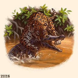 ambiguous_gender bite black_body black_scales black_spots black_stripes black_tail_tip claws dipstick_tail dirty_water duo feral fur hunting jaguar_spots markings open_mouth orange_body orange_fur paws plant quadruped scales sharp_teeth simple_background spots stripes swamp tail tail_markings teeth whisker_spots whiskers white_background white_markings white_underside yellow_eyes alexpahomov alligatorid black_caiman caiman crocodilian felid jaguar mammal pantherine reptile scalie 1:1 2026 digital_media_(artwork) digital_painting_(artwork) hi_res painting_(artwork)