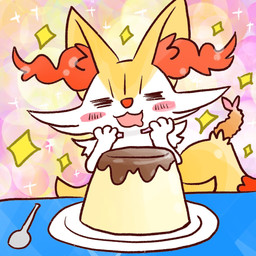 ambiguous_anthro ambiguous_gender anthro biped bodily_fluids cutlery dessert drooling eyes_closed food front_view furniture hand_on_cheek kitchen_utensils object_in_tail open_:3 open_mouth open_smile plate saliva shrimp_(food) smile solo sparkles spoon table tail tools annyui0611 nintendo pokemon braixen canid generation_6_pokemon mammal pokemon_(species) 1:1 2022 digital_drawing_(artwork) digital_media_(artwork) hi_res japanese_description translated_description