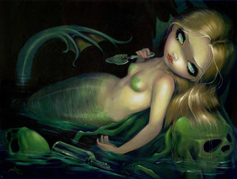 blonde_hair bone bottle bra_(anatomy) breasts container eyebrows female hair lips long_hair looking_at_viewer mermaid_tail navel nude partially_submerged scaled_breasts skull solo split_form tail jasmine_becket-griffith humanoid humanoid_merfolk mammal marine merfolk 2013 dated formal_art green_theme painting_(artwork) traditional_media_(artwork) traditional_painting_(artwork)