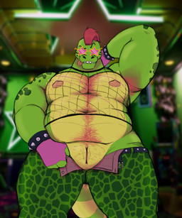 animal_genitalia anthro armpit_hair belly_hair bite biting_lip body_hair bottomwear bracelet chest_hair clothed clothing eyewear fingerless_gloves fishnet_clothing fishnet_shirt fishnet_topwear genital_slit genitals glasses gloves hand_behind_head handwear jewelry looking_at_viewer male mohawk musclegut muscular nipples open_bottomwear open_clothing open_pants pants photo_background presenting_genital_slit pubes shirt solo spiked_bracelet spikes tongue tongue_out topwear wearing_glasses newmoonnsfw five_nights_at_freddy's five_nights_at_freddy's:_security_breach scottgames steel_wool_studios montgomery_gator alligator alligatorid crocodilian reptile scalie 5:6 hi_res mixed_media photography_(artwork)