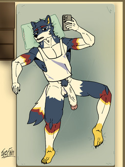 anthro balls big_penis bottomless bottomless_male cellphone clothed clothing ejaculation electronics eyebrows genitals glans hands-free humanoid_genitalia humanoid_penis lying male muscular muscular_anthro muscular_male on_back penis phone pillow shirt smartphone solo tank_top topwear vein veiny_penis canid canine mammal 3:4