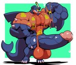 3_toes 5_fingers anthro anthrofied balls big_balls big_muscles big_pecs big_penis blue_body bobert bodily_fluids clothing countershading cum ejaculation erection feet fingers fist flexing fruit_motif garchomp generation_4_pokemon genital_fluids genitals grin hi_res huge_balls huge_muscles huge_penis hyper hyper_balls hyper_genitalia hyper_muscles hyper_penis looking_at_viewer male multicolored_penis muscular muscular_male nintendo pecs penis plantigrade pokemon pokemon_(species) red_body red_countershading scuba_gear shirt smile solo standing toes topwear torn_clothing