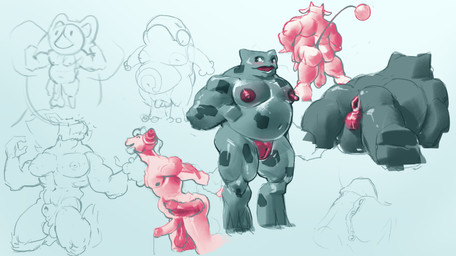 anal animal_genitalia anthro backsack balls genitals intersex intersex/male long_nipples male male/male musclegut muscular muscular_male nipples penetration penis saggy_balls sheath vulva x-ray_view claybull amphibian bovid caprine frog mammal sheep