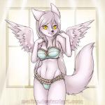 2015 angel anthro black_nose breasts canid canine canis celeste_falore_(peachicake) clothing fantasy feathered_wings feathers female fur inside light_theme lingerie mammal panties pink_body pink_fur pink_tail pose solo tail underwear watermark window wings wolf yellow_eyes z-afiro