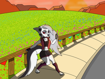 anthro clothed clothing female grey_hair hair midriff multicolored_body navel red_sclera simple_background solo sunset two_tone_body white_eyes doubutsunosekai hellaverse helluva_boss mythology loona_(helluva_boss) canid canid_demon canine demon hellhound mammal mythological_canine mythological_creature 4:3 digital_media_(artwork) hi_res