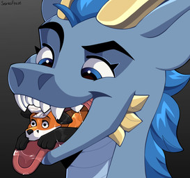 anthro black_body black_fur blue_body blue_eyes blue_hair blue_scales bodily_fluids duo female feral fur hair horn imminent_vore in_mouth male male/female mawplay open_mouth orange_body orange_fur safe_vore saliva scales soft_vore tongue tongue_out vore white_body white_fur white_hair sairusfrost mythology sapphire_(itsxanderfox) xander_stock canid canine dragon fox mammal mythological_creature mythological_scalie red_fox scalie true_fox hi_res