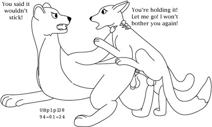 angry animal_genitalia anus balls dialogue duo erection feral fur genitals knot_root knotting larger_sub male male/male nude_male open_mouth penis scared sharp_teeth sheath simple_background size_difference submissive teeth text throat_grab unwanted_knotting white_background urbanhermit canid canine cougar felid feline fox mammal 1994 black_and_white dated english_text line_art monochrome