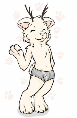 anthro antlers biped boxer_briefs bulge clothed clothing footprint fur gesture grey_clothing grey_underwear hair horn male monotone_body monotone_fur monotone_hair pawpads pawprint pink_inner_ear pink_nose pink_pawpads shadow simple_background solo underwear waving white_body white_ears white_fur white_hair gaokun canid mammal 2015
