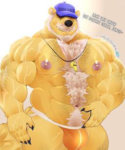 anthro arm_hair beard big_muscles big_pecs body_hair bulge chest_hair claws clothed clothing coach daddy_kink dialogue facial_hair fur hairy happy_trail hat_over_eyes jockstrap jockstrap_only male manly mature_male mostly_nude muscular muscular_anthro muscular_male mustache nipples pecs simple_background solo text topless underwear underwear_only vein veiny_muscles whistle_(object) yellow_body yellow_fur astor_the_peacock bear mammal absurd_res german_text hi_res translated