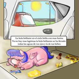 ambiguous_gender blue_body blue_fur blue_hair bodily_fluids brown_body brown_fur brown_hair car corpse door feces feces_pile female feral fur genital_fluids group hair horn pink_body pink_fur shadow street_lamp sun text urine vehicle wings yellow_body yellow_fur young young_feral inshi_(artist) fluffy_pony mythology equid equine fluffy_pony_(species) mammal mythological_creature mythological_equine pegasus unicorn 1:1 absurd_res hi_res spanish_text