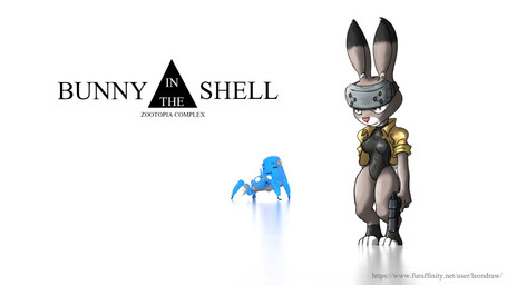 ambiguous_gender anthro breasts clothing cosplay crossover_cosplay duo female footwear fur grey_body grey_fur gun headgear headwear jacket leotard machine purple_eyes ranged_weapon text topwear weapon white_body white_fur leondraw disney ghost_in_the_shell zootopia judy_hopps major_motoko_kusanagi european_rabbit lagomorph leporid mammal oryctolagus rabbit robot tachikoma 16:9 2016 crossover digital_media_(artwork) english_text url widescreen