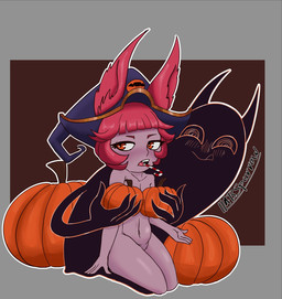 animal_ears blush border breasts brown_background candy_cane_in_mouth clothing covering covering_breasts eyelashes female food front_view fruit fur grey_border hair hat hat_only headgear headgear_only headwear headwear_only kneeling looking_at_viewer mostly_nude navel nude open_mouth orange_eyes pink_body pink_fur pink_hair plant pumpkin purple_body purple_clothing purple_hat purple_headwear purple_skin short_hair short_stack simple_background solo thick_thighs wide_hips witch_hat bluesparrow league_of_legends riot_games tencent vex_(lol) humanoid yordle hi_res