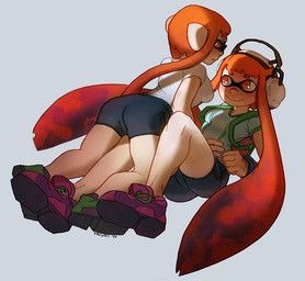 backpack blush bottomwear breasts butt clothed clothing duo electronics eyewear female footwear glasses hair headphones mask microphone orange_hair pants pseudo_hair shirt shoes shorts smile tentacle_hair tentacles topwear triuni nintendo splatoon animal_humanoid aquatic aquatic_humanoid cephalopod cephalopod_humanoid humanoid inkling mollusk mollusk_humanoid 2014 digital_media_(artwork)