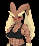 abs anthro big_breasts blush bodily_fluids breasts brown_body brown_fur clothed clothing female fur looking_at_viewer muscular muscular_anthro muscular_female solo sweat sweatdrop sweaty_breasts rivvoncat nintendo pokemon generation_4_pokemon lopunny pokemon_(species) alpha_channel hi_res