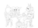 anthro beverage bottomwear bubble chair clothing duo eye_contact female floating_head floating_limbs fool's_hat furniture hat headgear headwear heart_symbol looking_at_another machine male male/female shorts sitting smile smirk steam table tablecloth tea burningtoast5 deltarune undertale_(series) jevil_(deltarune) tasque_manager darkner demon felid feline mammal robot hi_res line_art