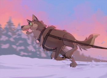 black_claws black_nose black_pawpads bodily_fluids brown_body brown_fur brown_markings claws drooling eyelashes female feral fur green_eyes harness harness_only markings open_mouth outside pawpads pink_tongue running saliva snow solo tail tongue tongue_out yellow_sclera azzai balto_(series) universal_studios fan_character canid canine canis hybrid mammal wolfdog colored digital_drawing_(artwork) digital_media_(artwork) shaded