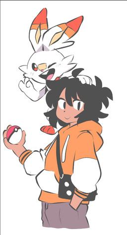 anthro black_hair clothing dark_body dark_skin dipstick_ears duo ear_markings fur gesture hair hand_gesture handbag hoodie jacket male markings multicolored_body multicolored_ears multicolored_fur orange_body orange_fur pokeball red_ear_tips red_eyes tan_inner_ear topwear v_sign white_body white_fur quavernsfw nintendo pokemon pokemon_trainer generation_8_pokemon human mammal pokemon_(species) scorbunny 2026 colored_sketch sketch sketch_page