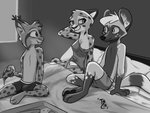 2020 african_wild_dog anthro bed boxers_(clothing) breasts bulge canid canine cheetah clothed clothing ear_tuft felid feline female food fur furniture greyscale group head_tuft hi_res inner_ear_fluff interspecies lynx male mammal marc_(theblueberrycarrots) markings milo_(juantriforce) monochrome nipple_slip nipples off_shoulder on_bed pillow pizza polyamory sketch smile spots spotted_body spotted_fur stephie_(fraydia1) theblueberrycarrots tuft underwear