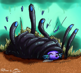 ambiguous_gender anthro anthro_prey biped blue_body blue_markings bodily_fluids coiling crying feral feral_pred markings plant_pred plant_vore purple_body striped_markings stripes tears vore whiskers conditional_dnp foxyoreos gyrotech rain_world videocult yoku_(gyrotech) slugcat worm_grass_(rain_world) hi_res
