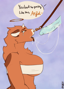 anthro big_breasts bodily_fluids breasts clothed clothing crying disembodied_penis dominant drooling duo erection facial_piercing female fur genital_fluids genitals halo horn leash leash_pull looking_at_another male male/female male_penetrating nose_piercing nose_ring open_mouth penetration penile penis piercing ring_piercing saliva saliva_string sex simple_background smile solo_focus tears teeth text tongue tongue_out topwear translucent translucent_penis tube_top choccey_milk choccey_(choccey_milk) angel bovid bovine cattle mammal absurd_res digital_media_(artwork) english_text hi_res