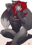 2020 5_fingers anthro blood_bag blutengel_(band) canid canine clothed clothing digital_media_(artwork) feet female fingers fox hair hi_res mammal red_eyes red_hair smile solo toes whiteabigail