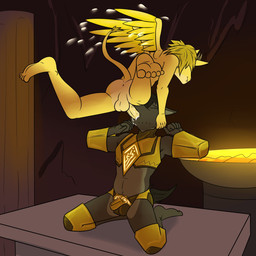 anthro anus armor arms_tied bdsm black_body black_hair blonde_hair bodily_fluids bondage bound brazier breastplate butt chastity_cage chastity_device duo genital_fluids hair horn legs_tied male male/male nude oral oral_penetration penetration pillar precum sex stubble tail wings yellow_body fuze horn_and_fang modren_(fuze) canid canine canis imp mammal wolf 1:1 2026 hi_res