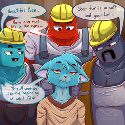 annoyed anthro armor black_eyebrows black_eyes blue_body blue_fur blue_hair blurred_background clothed clothing construction_worker dialogue ear_tuft eyebrow_through_hair eyebrows facial_hair flirting flirting_look fur grey_body group hair hard_hat headgear headwear helmet male muscular muscular_male mustache overalls pink_tongue red_body red_eyes shirt size_difference speech_bubble t-shirt tan_clothing text tongue topwear translucent translucent_hair tuft work_clothes work_uniform workwear tasseya cartoon_network lego the_amazing_world_of_gumball construction_man_(tawog) george_(tawog) gumball_watterson hank_(tawog) steve_(tawog) domestic_cat felid feline felis humanoid lego_minifigure mammal 1:1 2025 absurd_res artist_name colored digital_drawing_(artwork) digital_media_(artwork) english_text hi_res shaded signature url watermark widescreen