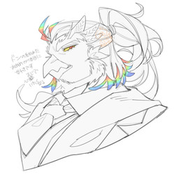 accessory anthro hair male multicolored_hair necktie ponytail rainbow_hair red_sclera simple_background solo white_background yellow_eyes pon20021202 lifewonders tokyo_afterschool_summoners simurgh_(tas) avian bird absurd_res bust_portrait hi_res portrait