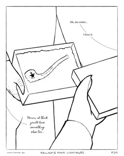 ambiguous_gender anthro border bottomwear box clothing container dialogue duo holding_box holding_container holding_object pants pipe shirt simple_background smile text topwear white_background white_border sharkinthepark avian bird 2024 4:5 absurd_res black_and_white comic english_text hi_res monochrome