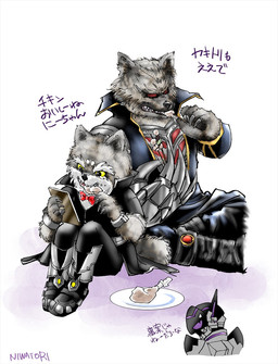 5_fingers anthro bent_legs black_eyes bow_tie chicken_leg crossed_legs eating eating_food fangs fingers fur grey_body grey_fur group male open_mouth red_bow_tie red_eyes simple_background sitting teeth text trio white_background white_body white_fur yellow_sclera niwatori dogengers gallia_(dogengers) gulf_(dogengers) canid canine canis mammal wolf 2021 hi_res japanese_description japanese_text signature translation_request