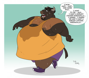 anthro belly big_belly bodily_fluids bottomwear clothed clothing exercise facial_hair fully_clothed goatee hair horn huge_belly male nipples obese obese_male open_mouth overweight overweight_male running shirt shorts simple_background solo speech_bubble sweat sweaty_clothing tail tank_top teeth text tongue topwear weight_loss duly_noted bovid bovine cattle mammal english_text hi_res sequence